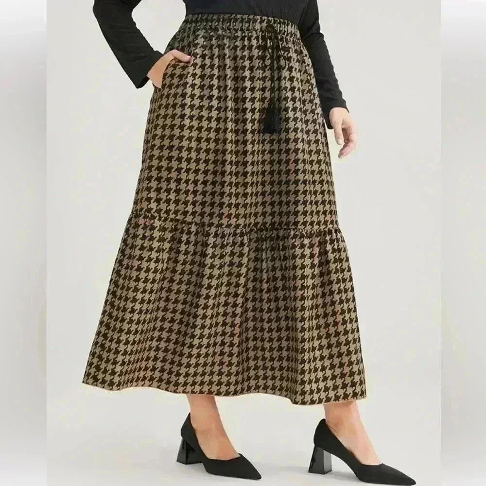 New!black&tan Houndstooth Pocket Ties Elastic Waist Skirt Womens Size 30 or 6X